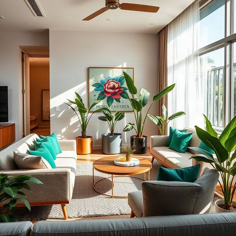 Sala de estar iluminada de apartamento corporativo em Porto Alegre