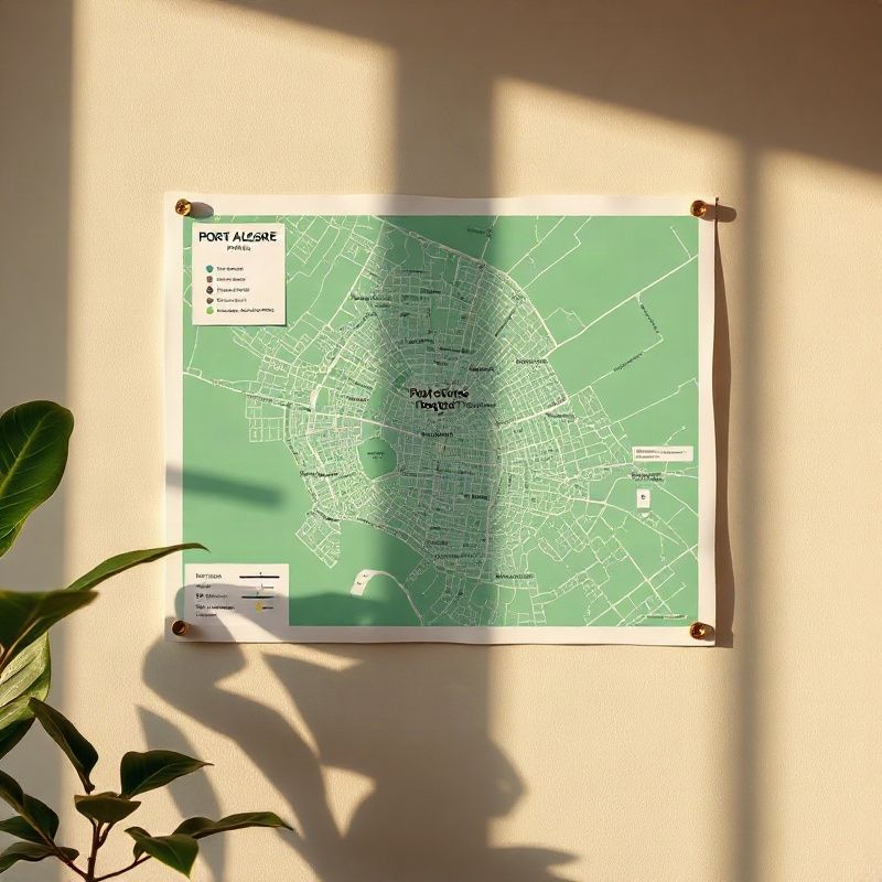 Mapa urbano de Porto Alegre com marcações estratégicas em um escritório