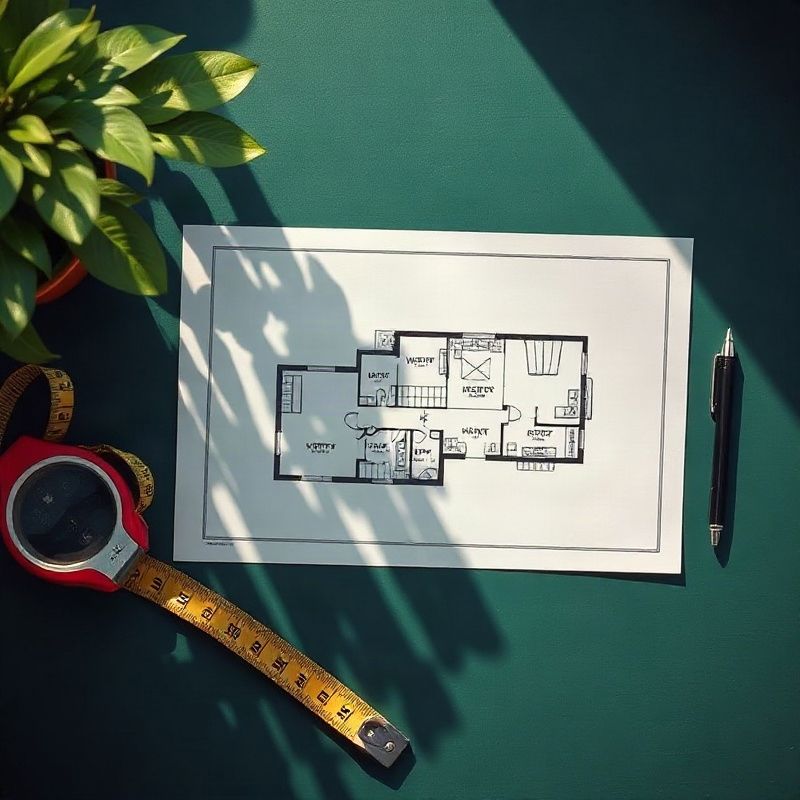 Planta arquitetônica sobre mesa com instrumentos de medição